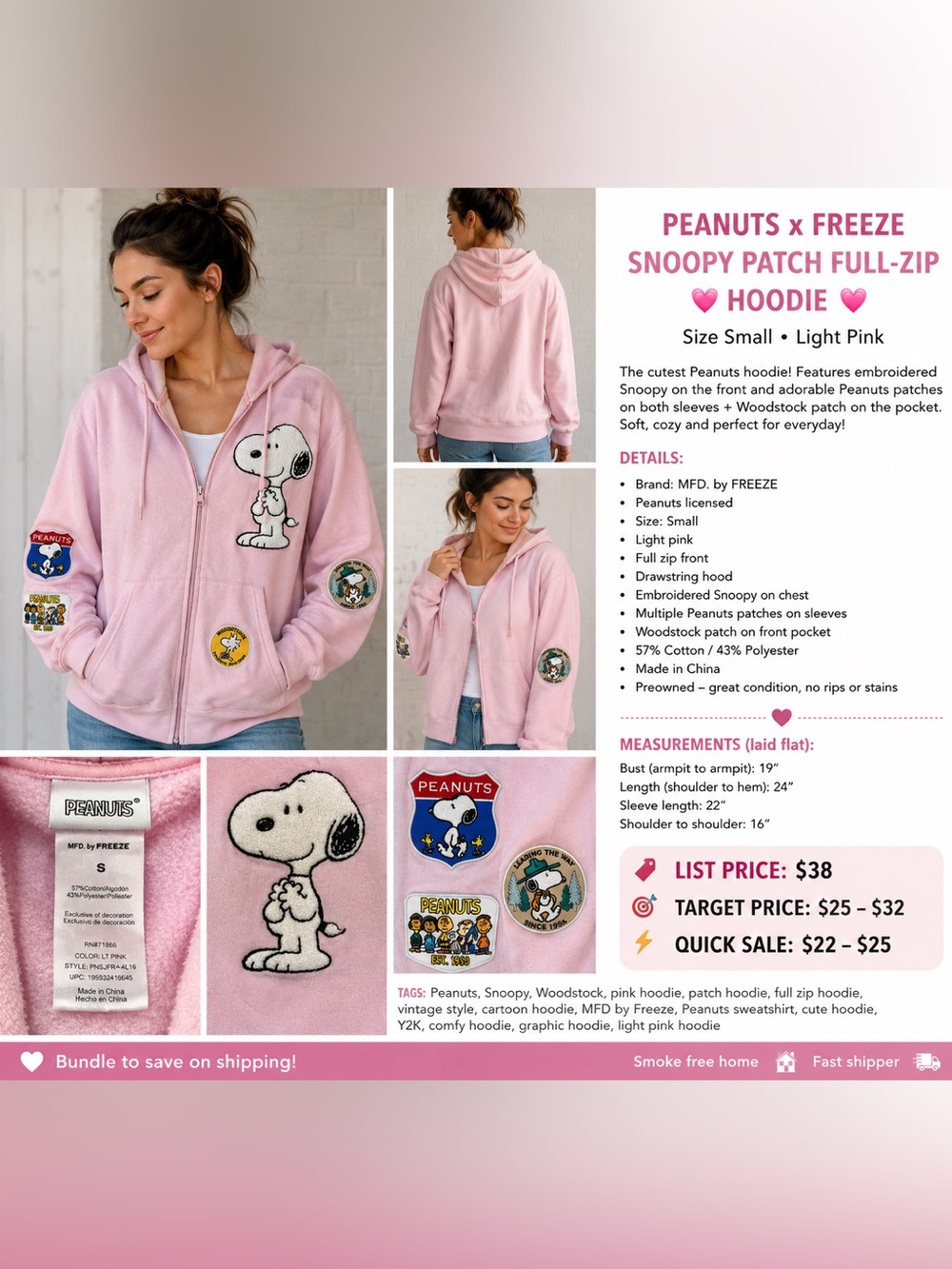 Peanuts Snoopy Pink Patch Full Zip Hoodie Small MFD by Freeze Woodstock